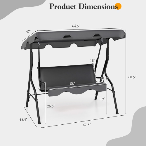 Gymax 3-Person Swing Chair Porch Swing Seat w/ Adjustable Canopy Removable Cushion