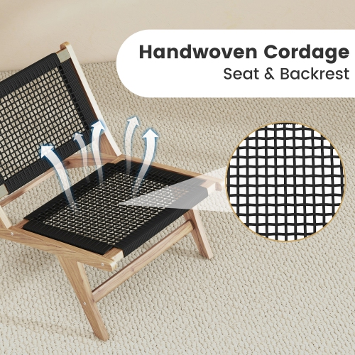 Gymax Mid Century Modern Teak Wooden w/ Handwoven Cordage Seat & Backrest for Patio