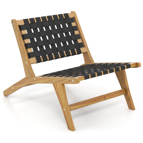 GYMAX  Teak Wooden Chair W/ Woven Webbing Seat & Backrest for Patio Mid Century Modern