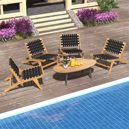 Gymax Teak Wooden Chair w/ Woven Webbing Seat & Backrest for Patio Mid Century Modern