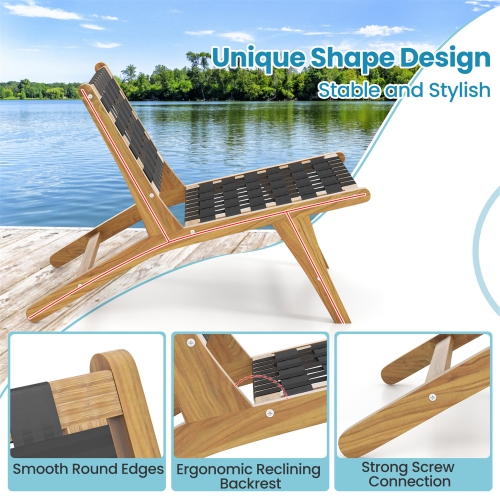 Gymax Teak Wooden Chair w/ Woven Webbing Seat & Backrest for Patio Mid Century Modern