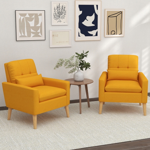 Gymax 2 PCS Mid-century Modern Accent Chair Linen Fabric Reading Armchair w/ Lumbar Pillow