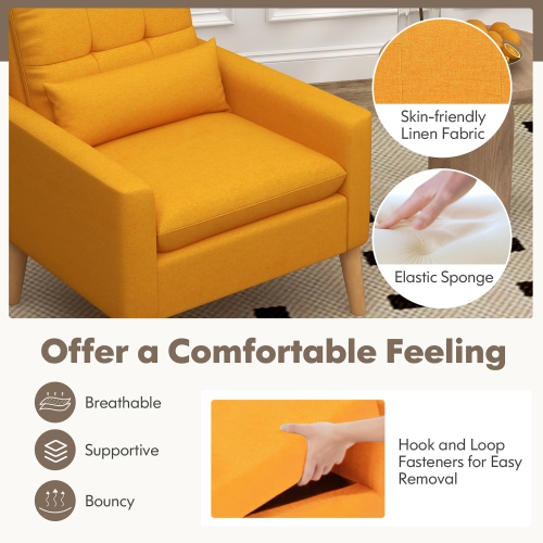 Gymax 2 PCS Mid-century Modern Accent Chair Linen Fabric Reading Armchair w/ Lumbar Pillow