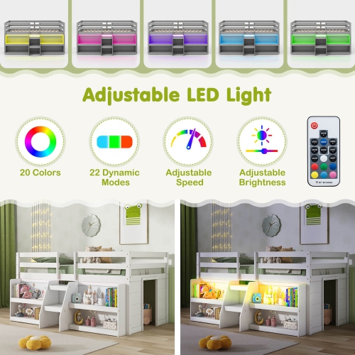 Gymax Twin Size Loft Bed w/ LED Lights Staircase & Safety Guardrail Under-bed Storage