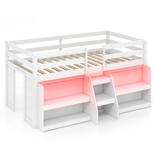 Gymax Twin Size Loft Bed w/ LED Lights Staircase & Safety Guardrail Under-bed Storage