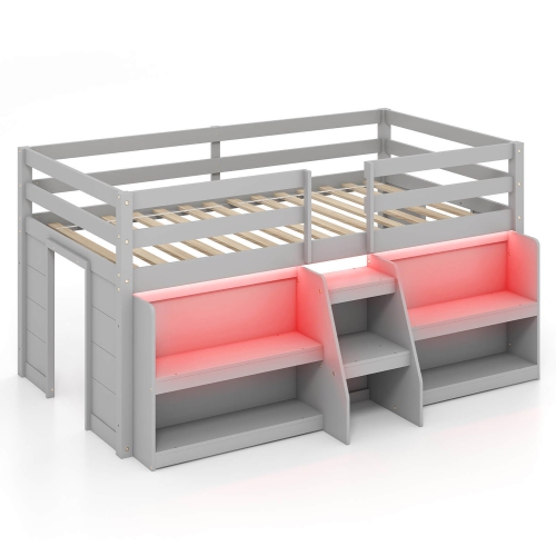 Gymax Twin Size Loft Bed w/ LED Lights Staircase & Safety Guardrail Under-bed Storage