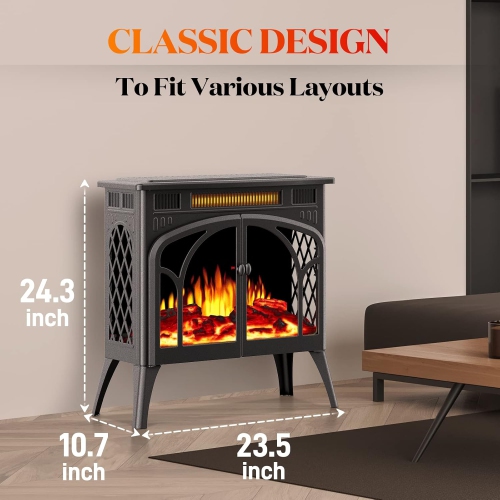 ZAFRO 24Inches Electric Fireplace Stove, Free-Standing Electric Fireplace with Adjustable Brightness, Indoor Heater with Realistic Flame Effects,