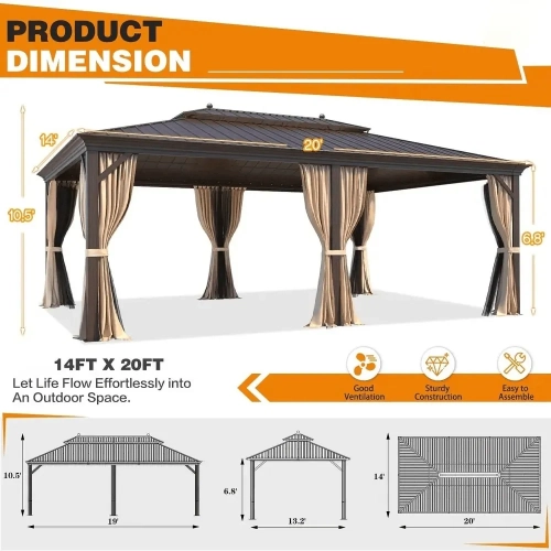 Erommy 14' x 20' Outdoor Galvanized Steel Roof Gazebo Pergola w/ Aluminum Frame & Vertical Rain Cutter - Brown