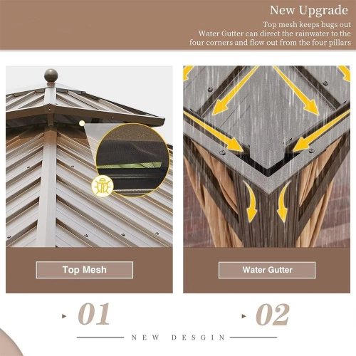 Erommy 14' x 20' Outdoor Galvanized Steel Roof Gazebo Pergola w/ Aluminum Frame & Vertical Rain Cutter - Brown