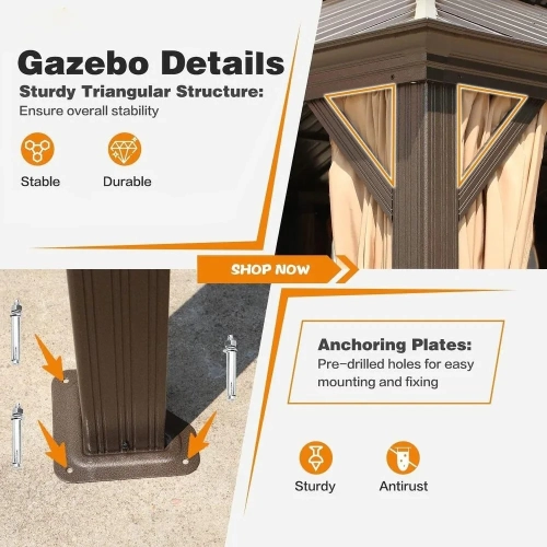 Erommy 14' x 20' Outdoor Galvanized Steel Roof Gazebo Pergola w/ Aluminum Frame & Vertical Rain Cutter - Brown