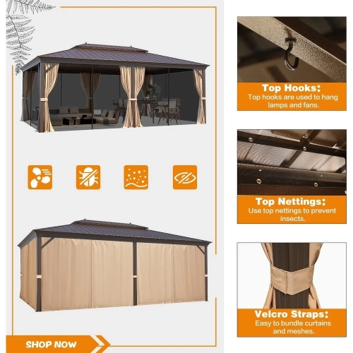Erommy 14' x 20' Outdoor Galvanized Steel Roof Gazebo Pergola w/ Aluminum Frame & Vertical Rain Cutter - Brown