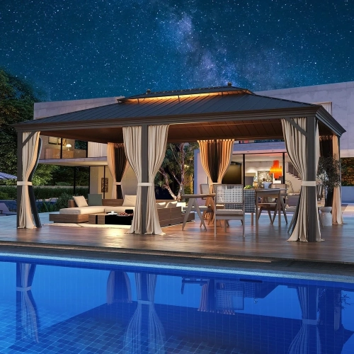 Erommy 14' x 20' Outdoor Galvanized Steel Roof Gazebo Pergola w/ Aluminum Frame & Vertical Rain Cutter - Brown