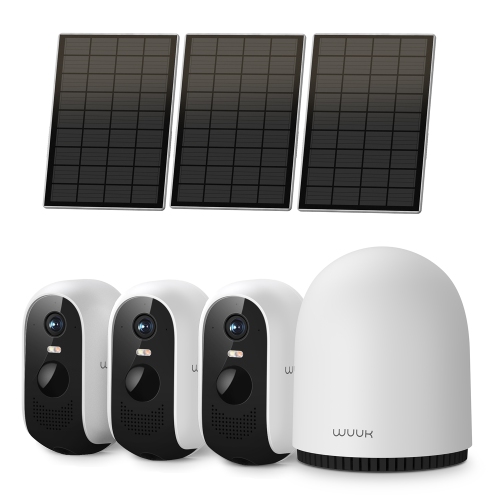 WUUK Solar Security Cameras Wireless Outdoor 2K-only BestBuy, 3 Cams Kit, 32GB Homebase Support Up to 8 Cams, No Monthly Fee, 2.4/5 GHz WiFi, Compati