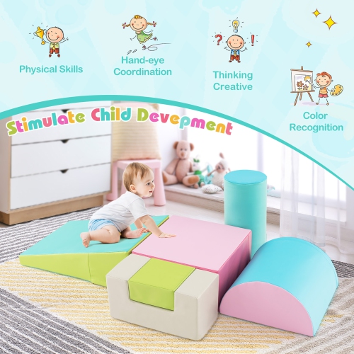 Gymax 6 PCS Kids Climber Play Set Indoor Foam Climb & Crawl Activity Blocks w/ Cover Multicolor