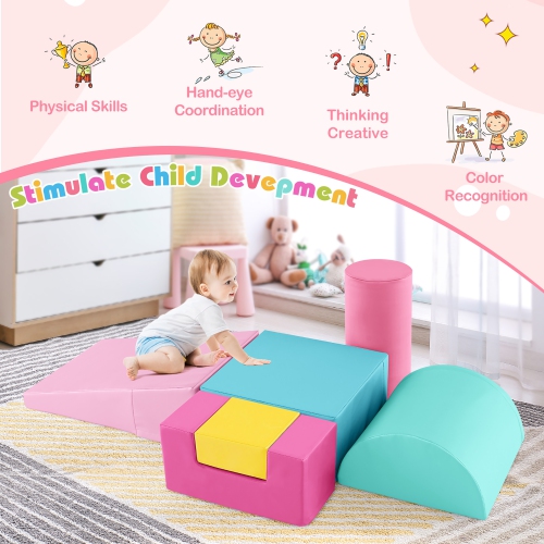Gymax 6 PCS Kids Climber Play Set Indoor Foam Climb & Crawl Activity Blocks w/ Cover