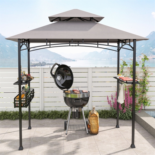 Gymax 8 x 5 FT BBQ Grill Gazebo w/ 2 Side Shelves Storage Basket Hanging Hooks Outdoor
