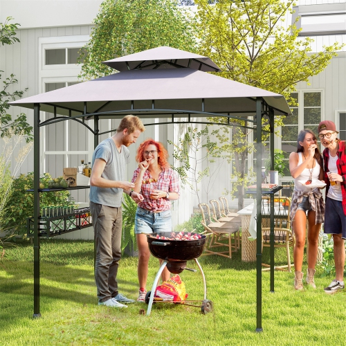 Gymax 8 x 5 FT BBQ Grill Gazebo w/ 2 Side Shelves Storage Basket Hanging Hooks Outdoor