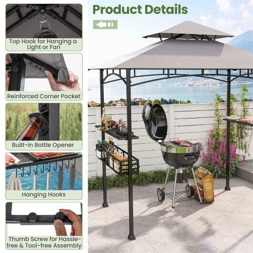 Gymax 8 x 5 FT BBQ Grill Gazebo w/ 2 Side Shelves Storage Basket Hanging Hooks Outdoor