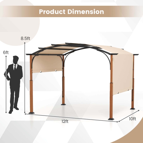 Costway 10 x 12 FT Outdoor Retractable Pergola with Retractable Canopy Wood Looking Posts