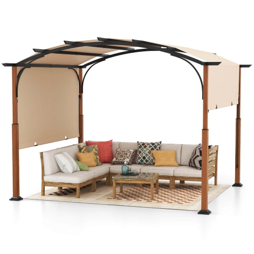 Costway 10 x 12 FT Outdoor Retractable Pergola with Retractable Canopy Wood Looking Posts