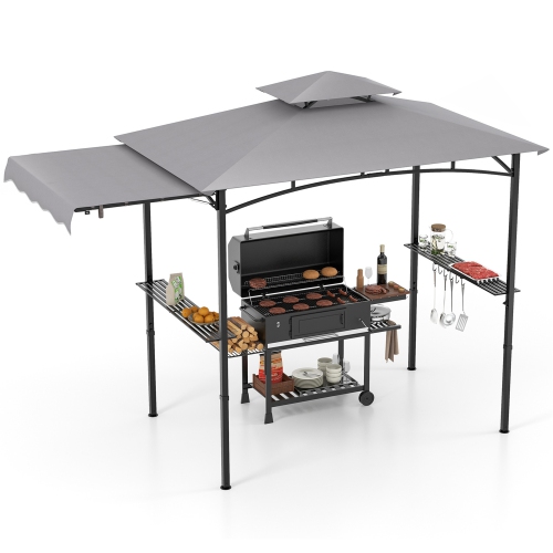 GYMAX  11 X 5 Ft Grill Bbq Gazebo W/ Side Awning Double-Tiered Top 2 Side Shelves