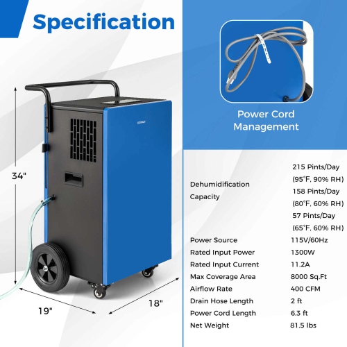 Costway 215 Pints Commercial Dehumidifier with Drain Hose 24H Timer Portable Handle
