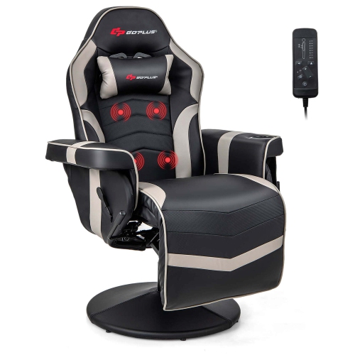 Goplus Massage Gaming Recliner Height Adjustable Racing Swivel Chair with Cup Holder