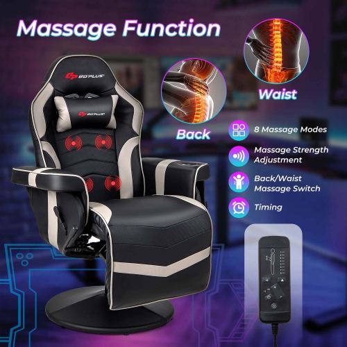 Goplus Massage Gaming Recliner Height Adjustable Racing Swivel Chair with Cup Holder