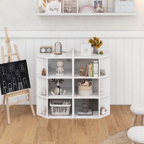 Costway 3-Tier Kids Corner Toy Storage Organizer with USB Ports and Outlets 9 Cubbies