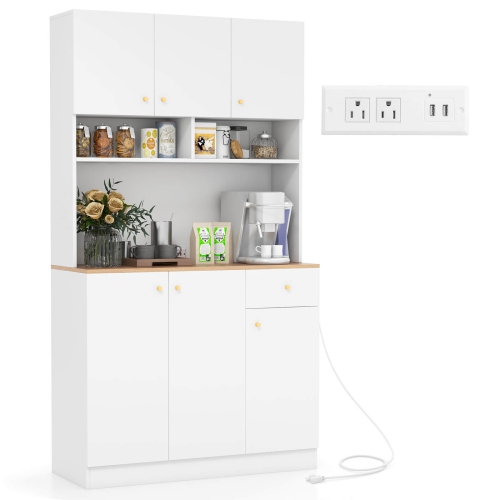 Costway 71" Tall Pantry Cabinet with Outlets USB Ports Anti-Tipping Kits Adjustable Shelves