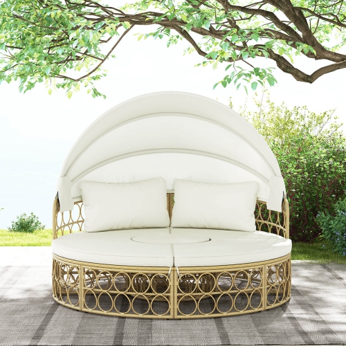 Costway Outdoor Patio Round Daybed with Retractable Canopy Soft Cushions for Garden