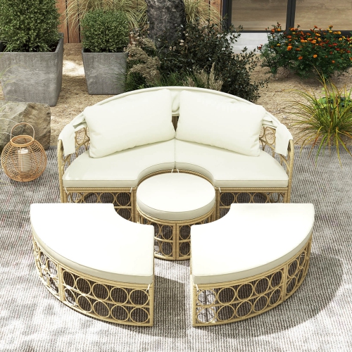 Costway Outdoor Patio Round Daybed with Retractable Canopy Soft Cushions for Garden