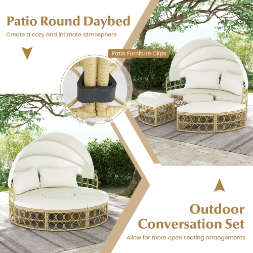 Costway Outdoor Patio Round Daybed with Retractable Canopy Soft Cushions for Garden