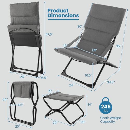 Costway Patio Folding Sling Chair with Ottoman Footrest & Removable Cushion Ottoman Set