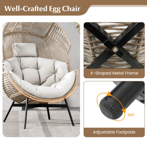 Costway Oversized Egg Style Chair with Cushions & Headrest Heavy-Duty Metal Frame for Yard