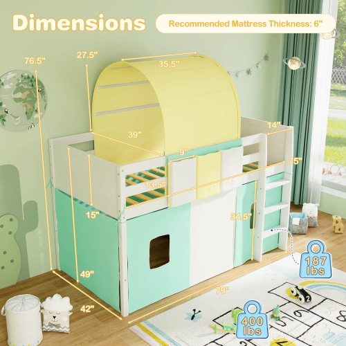 Costway Twin Loft Bed with Tower & Tent 3 Storage Pockets Safety Guardrail and Ladder