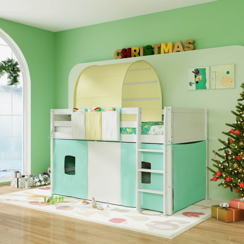 Costway Twin Loft Bed with Tower & Tent 3 Storage Pockets Safety Guardrail and Ladder