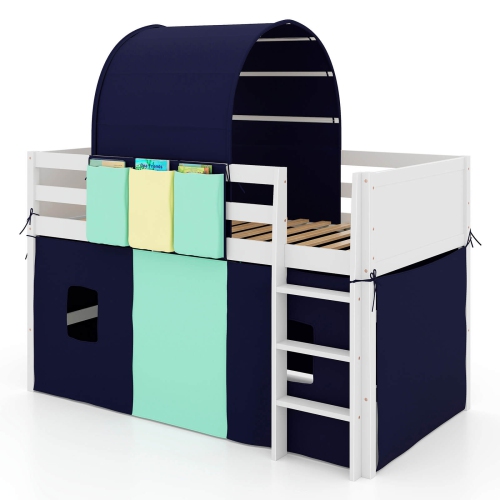 COSTWAY  Twin Loft Bed With Tower & Tent 3 Storage Pockets Safety Guardrail And Ladder