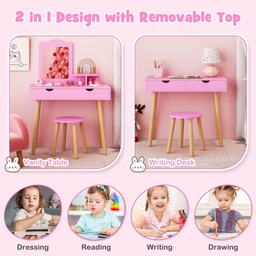 Costway Kid Vanity Table Chair Set with Mirror Large Storage Drawers Wooden Legs