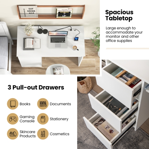 Bureau d'ordinateur de Costway avec plateau pour clavier et 3 grands tiroirs de type C et ports USB