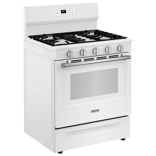 Cuisinière au gaz autonome de 30 po à 5 brûleurs et four de 5 pi³ à ventilateur de convection et friture à air chaud de Maytag - Blanc