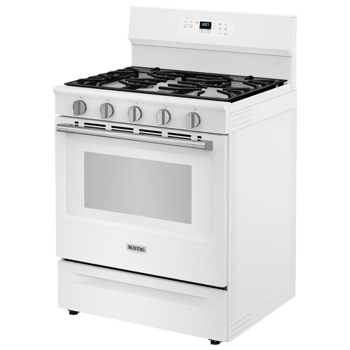 Cuisinière au gaz autonome de 30 po à 5 brûleurs et four de 5 pi³ à ventilateur de convection et friture à air chaud de Maytag - Blanc