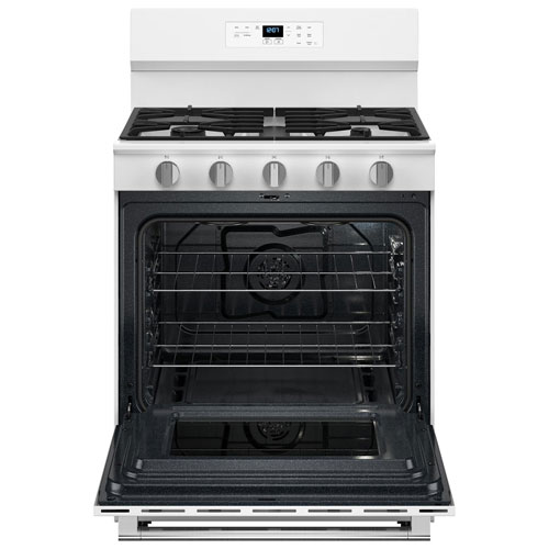 Cuisinière au gaz autonome de 30 po à 5 brûleurs et four de 5 pi³ à ventilateur de convection et friture à air chaud de Maytag - Blanc