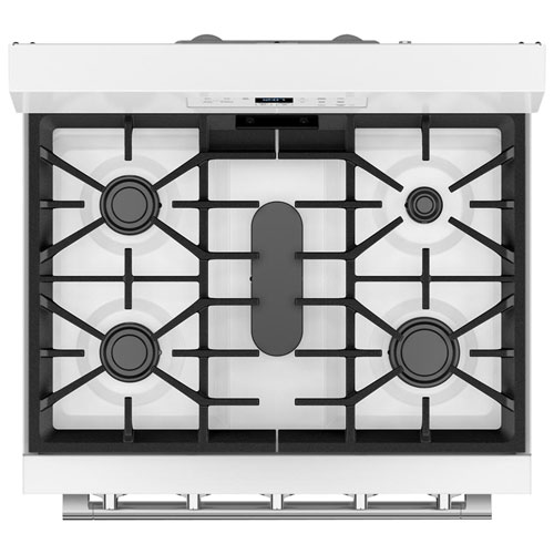 Cuisinière au gaz autonome de 30 po à 5 brûleurs et four de 5 pi³ à ventilateur de convection et friture à air chaud de Maytag - Blanc