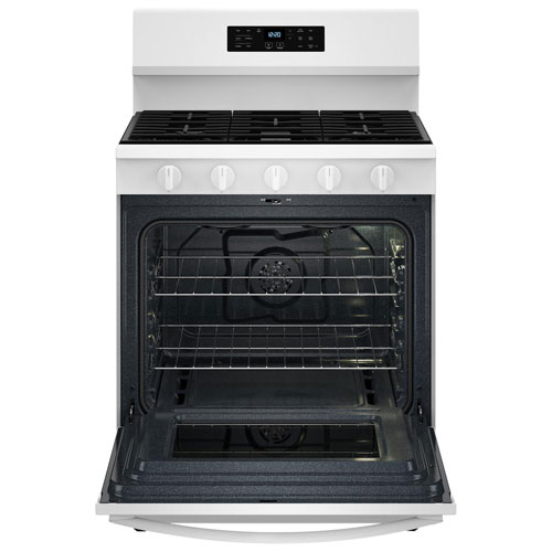 Cuisinière gaz autonome 30 po, four 5 pi³ à ventilateur de convection, 5 brûleurs, friture à air chaud de Whirlpool-Blanc
