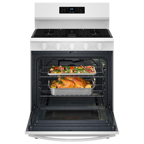 Cuisinière gaz autonome 30 po, four 5 pi³ à ventilateur de convection, 5 brûleurs, friture à air chaud de Whirlpool-Blanc
