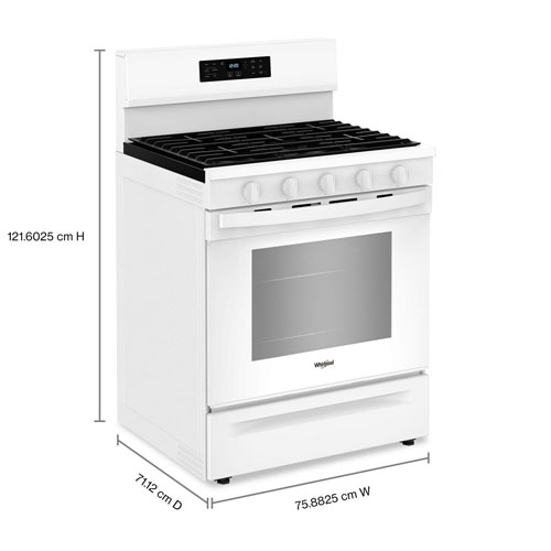Cuisinière gaz autonome 30 po, four 5 pi³ à ventilateur de convection, 5 brûleurs, friture à air chaud de Whirlpool-Blanc