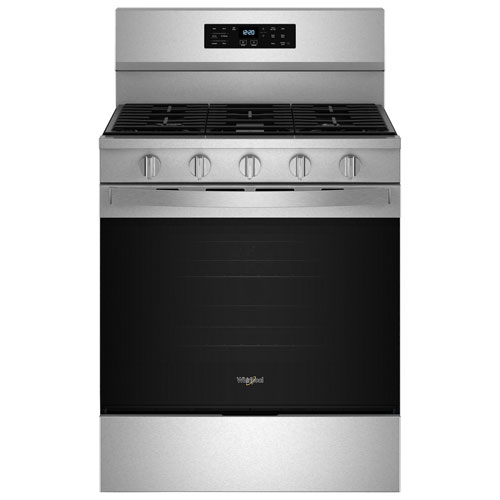 Cuisinière au gaz autonome 30 po avec 5 brûleurs, ventilateur à convection, friture à air chaud et four de 5 pi³ de Whirlpool - Inox