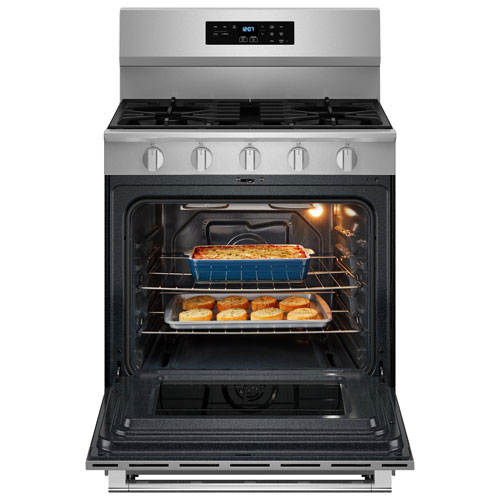 Cuisinière au gaz autonome 30 po avec 5 brûleurs, friture air four, ventilateur à convection et four de 5 pi³ Maytag - Inox