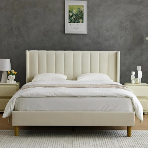 Cream Upholstered Platform Bed Frame - Modern Geometric Double-Wing Headboard, Queen Size